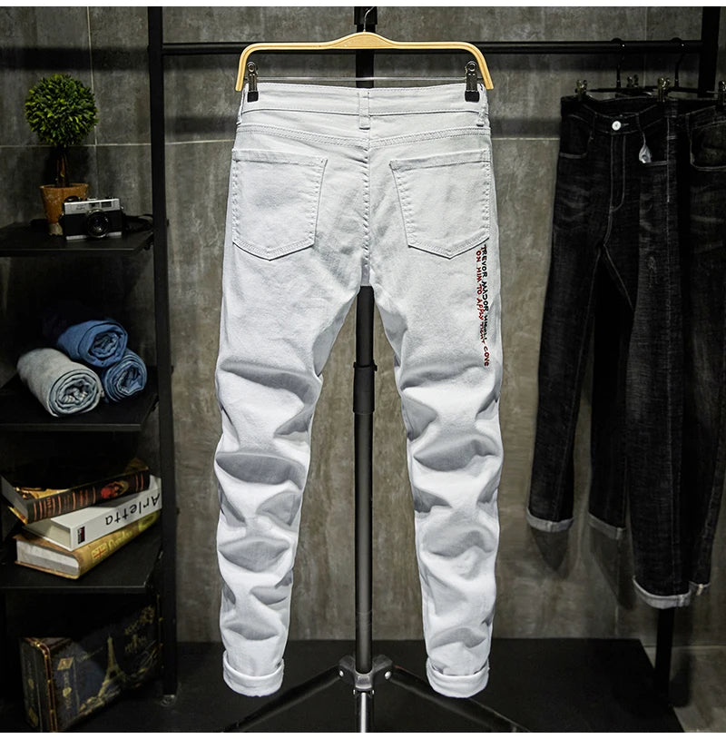 Fashion Trendy Embroidery letters Men College Boys Skinny Runway Zipper Denim Pants Destroyed Ripped Jeans Black White Jeans