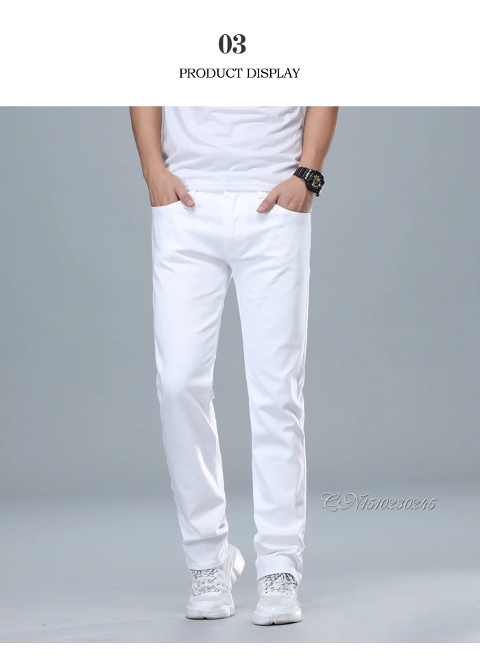 Classic Style Men's Regular Fit White Jeans Business Fashion Denim Advanced Stretch Cotton Trousers Male Brand Pants