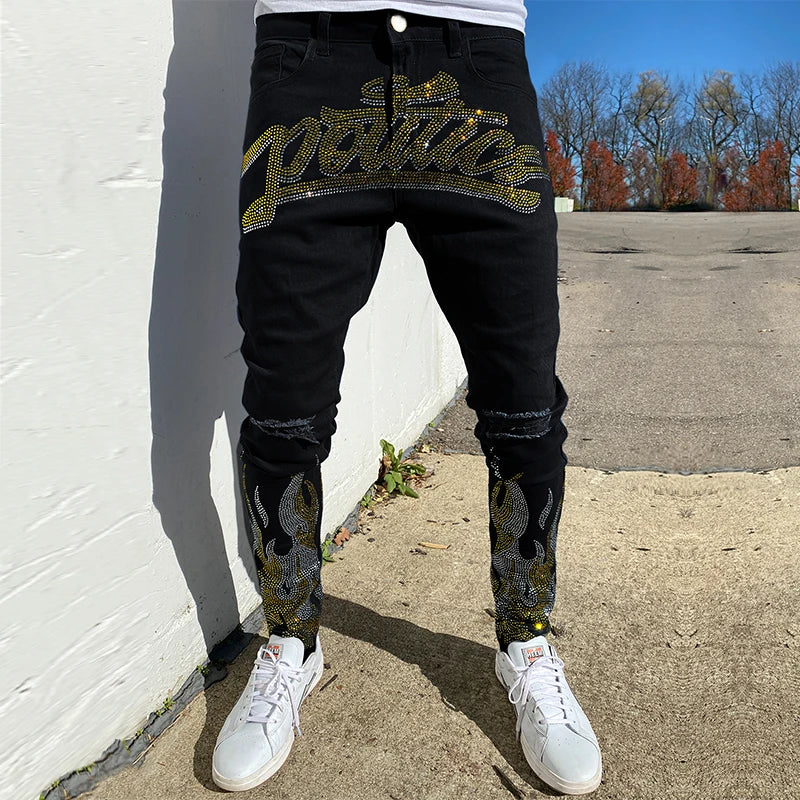 y2k Men Stretchy Ripped Skinny Black Jeans Slim High Quality Hole Trousers Aesthetic Rhinestones Streetwear Denim Pencil Pants