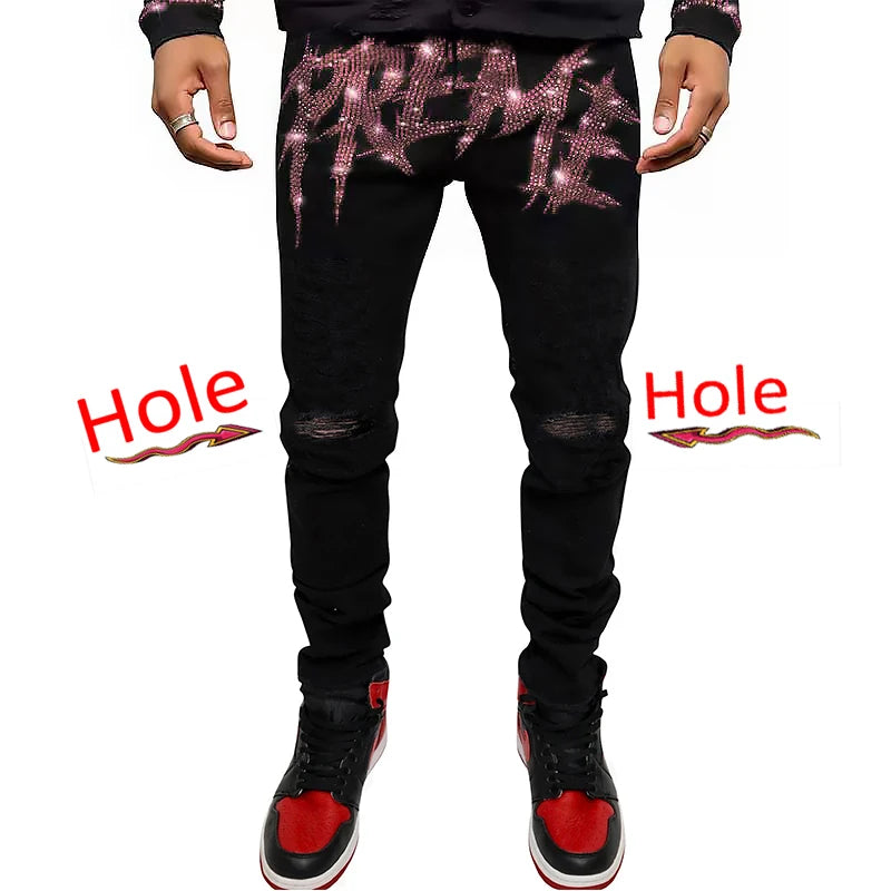 New Men Trend Black Ripped Jeans Fashion Street Hole Trousers Cozy Skinny Design Hot Rhinestone Stretch Soft Washed Denim Pants