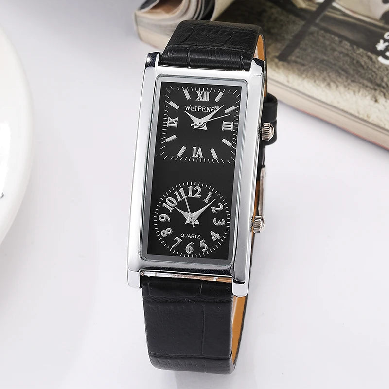 Dual Dial Unisex Watch Genuine Leather Band Couple Quartz Wristwatch Simple Minimalist Men Women Male Female Black White Clock