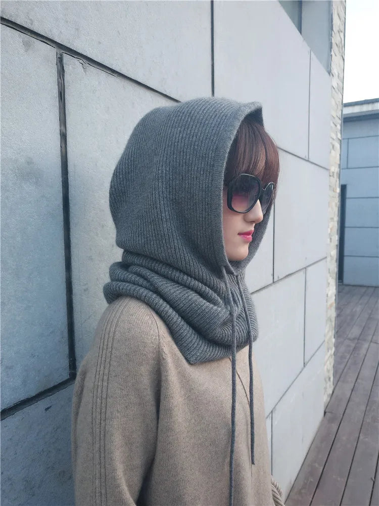 Women Cashmere Wool Hats Bib One Female Winter Thick Knitted Skullies Version Cap Earmuffs Collar Soft Warm Beanies Hooded Scarf