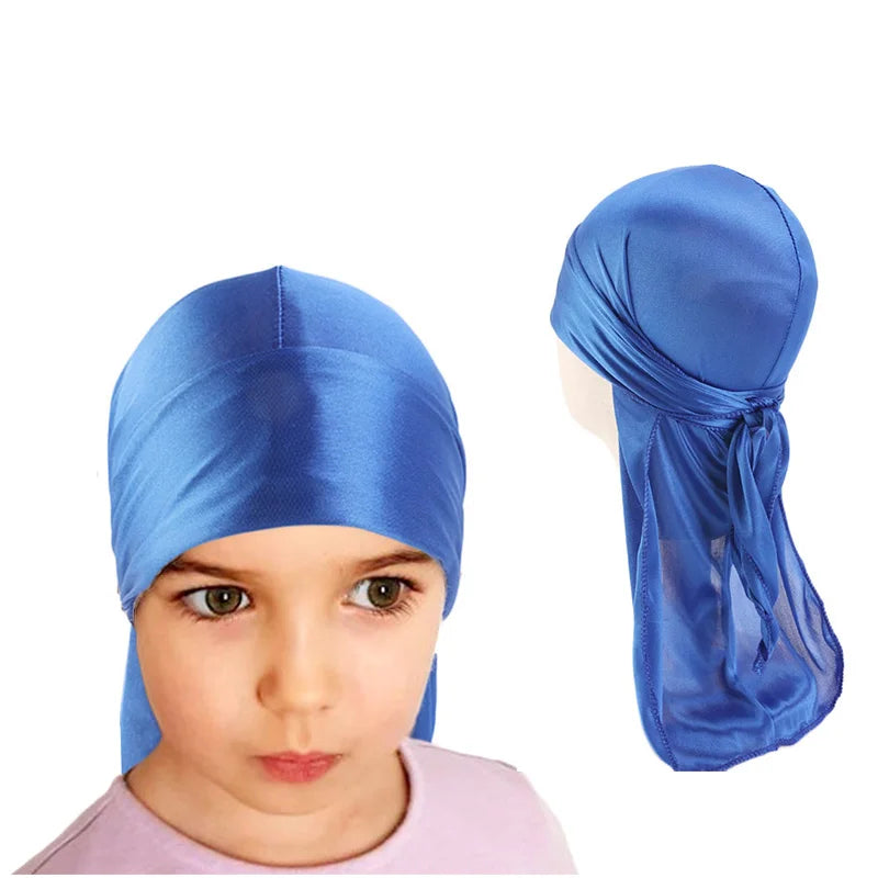 Durag Long Tail Silky Scarf Muslim Doo Rag Pirate Hat Durag Chemo Caps Skull Hat Turban hair band Bandanas 18 colors for Choose