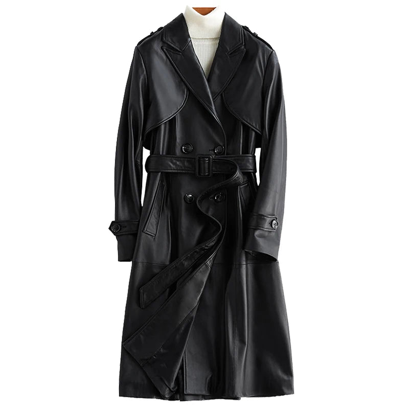 Lautaro Autumn Long Black Pu Lather Trench Coat for Women Long Sleeve Belt Epaulets 2022 British Style Fashion Leather Overcoat