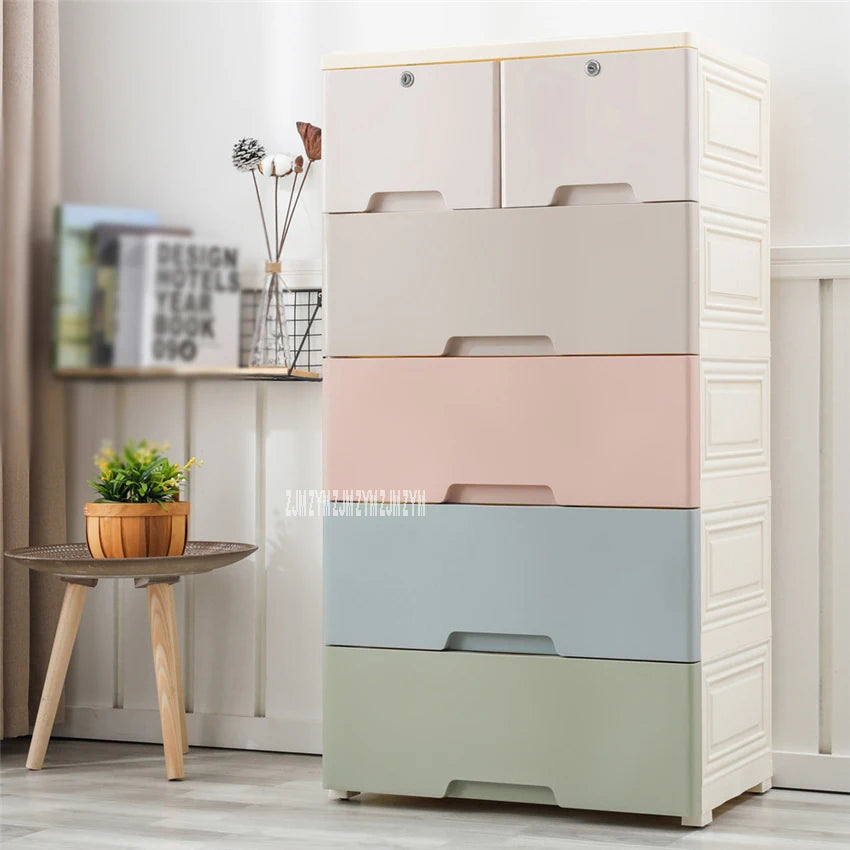 5805 5-Tier PP Drawer Type combined locker Clothes Storage Cabinet Large Children Toy Plastic Organizing Cabinet With Lock Wheel