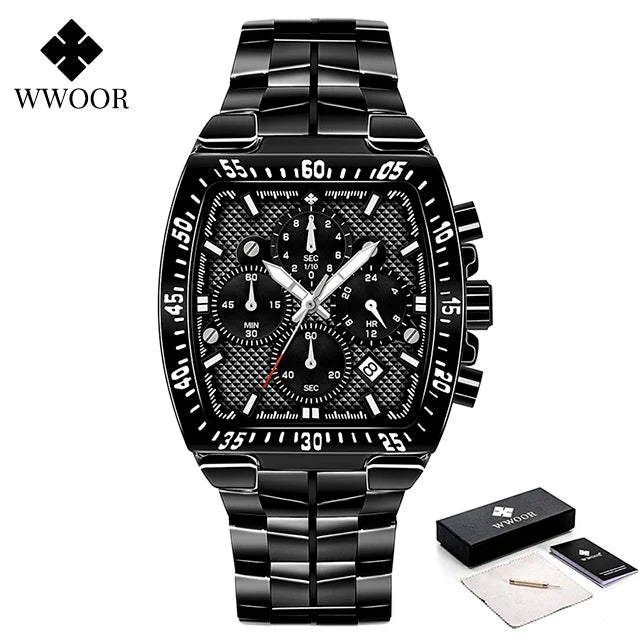 WWOOR Men Chronograph Sport Watches For Men Fashion Square Top Brand Luxury Stainless Steel Waterproof Quartz Watch Reloj Hombre