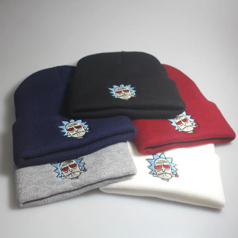 Cartoon Rick Beanies Embroidery Warm Soft Knitted Hat Hip-hop Bonnet Unisex