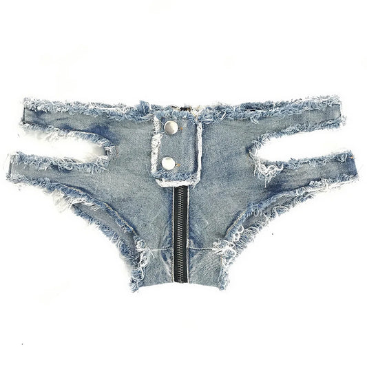 2022 New Summer Female Sexy Low Waist Jeans Denim Shorts Hollow Out Zipper Hole Thong Dj Pole Dance Shorts Nightclub