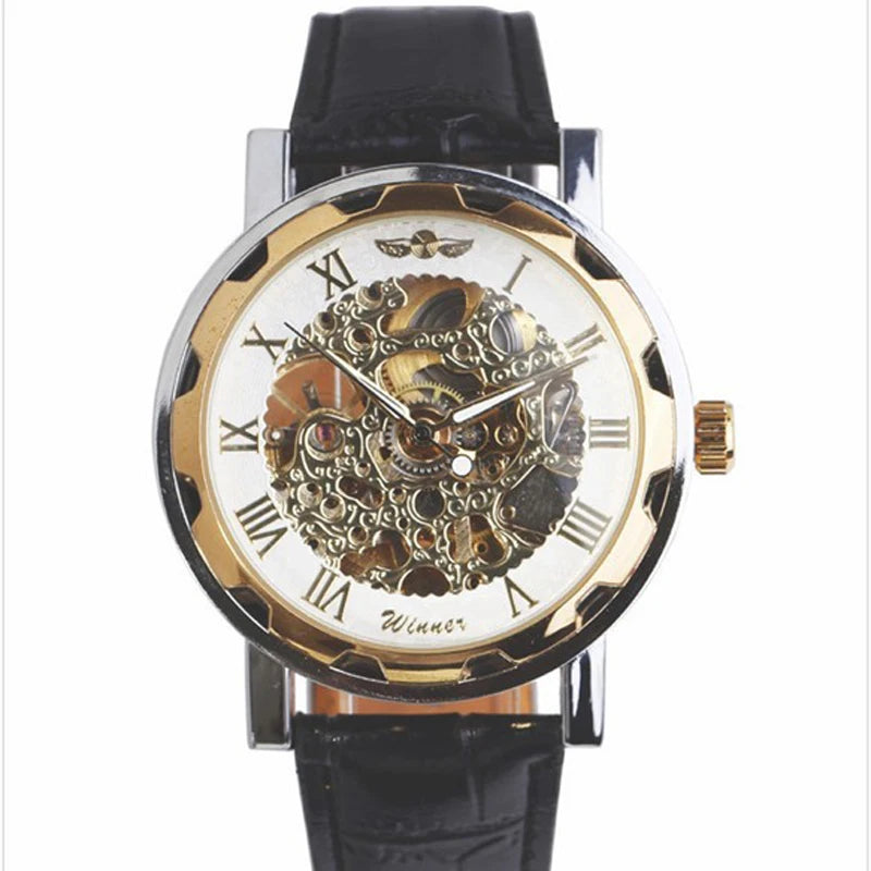 Fashion Winner Black Leather Band Stainless Steel Skeleton Mechanical Watch For Man Gold Mechanical Wrist Watch Luxury Brand