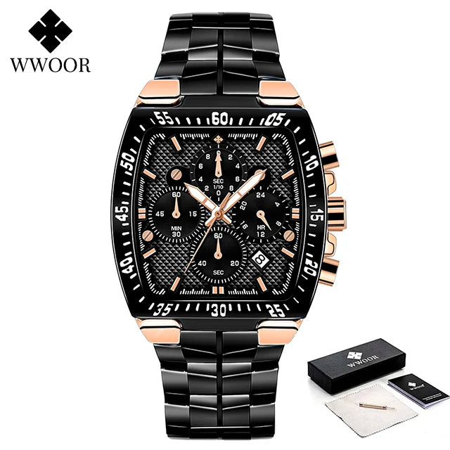 WWOOR Men Chronograph Sport Watches For Men Fashion Square Top Brand Luxury Stainless Steel Waterproof Quartz Watch Reloj Hombre