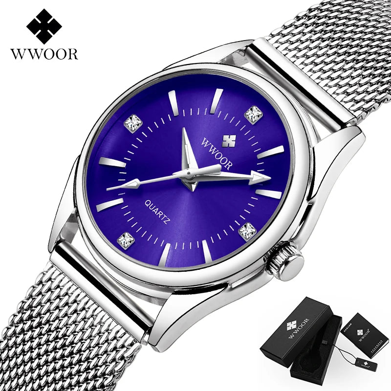 WWOOR Luxury Brand Dress Gold Watch Ladies Elegant Diamond Small Quartz Wrist Watches For Women Steel Mesh Clock zegarek damski