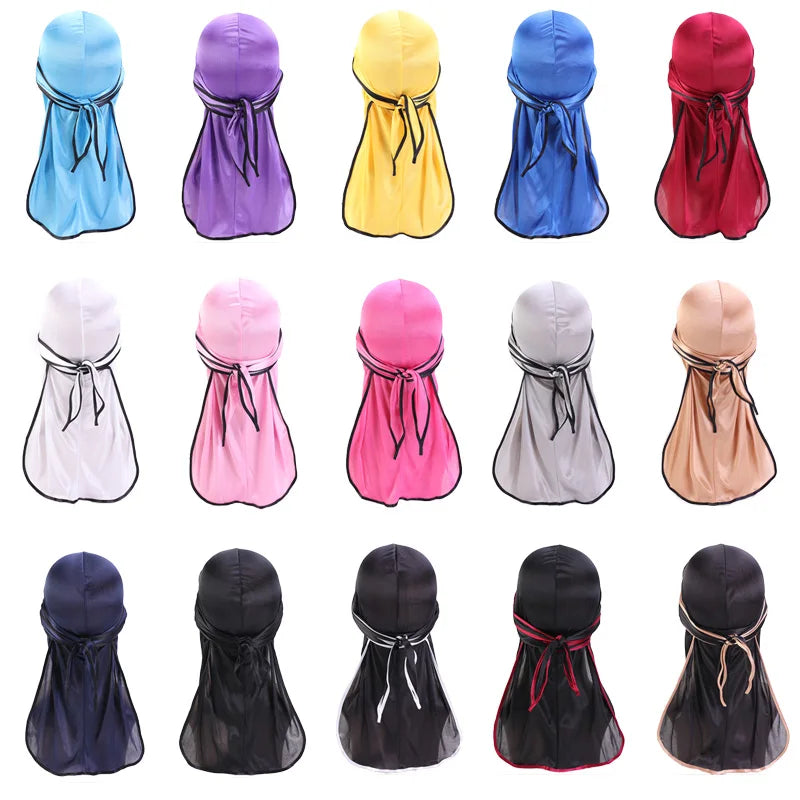 Durag Long Tail Silky Scarf Muslim Doo Rag Pirate Hat Durag Chemo Caps Skull Hat Turban hair band Bandanas 18 colors for Choose