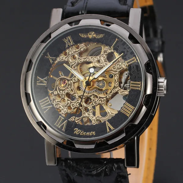 Fashion Winner Black Leather Band Stainless Steel Skeleton Mechanical Watch For Man Gold Mechanical Wrist Watch Luxury Brand