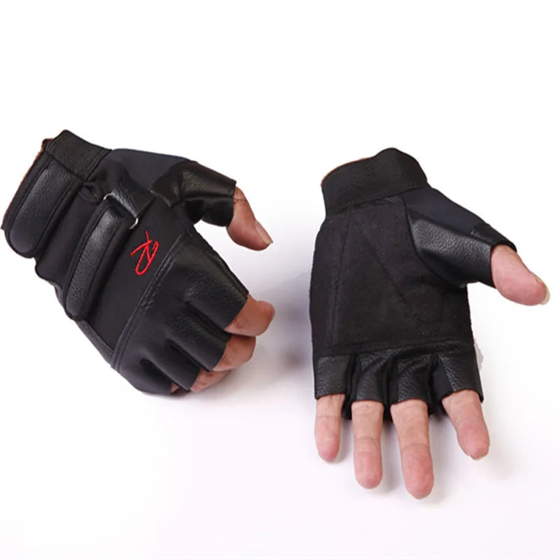 Men's Half Finger Leather Fitness Gloves Bike Sport Gloves Gym Exercise Men Black Rivets Punk Gloves G135