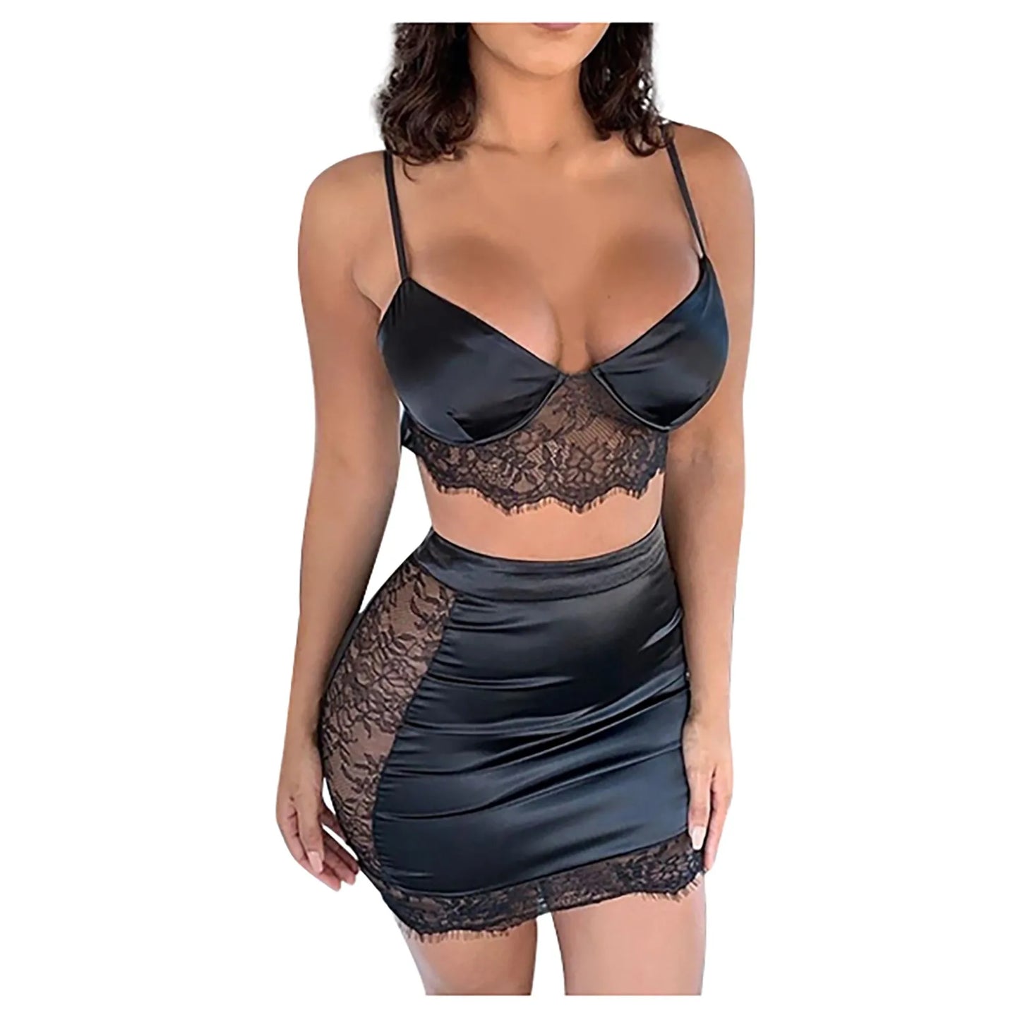 Women Sexy Mesh Sheer V-neck Set Cami Tops Mini Skirts Hirigin Bandage Lace-up Backless Tank Through Dress Streetwear #T5P