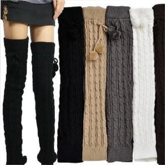 2018 New Fashion Casual Women Warm Winter Knitted Leg Warmers Knitted Socks Crochet Long Boots Socks with Hairball