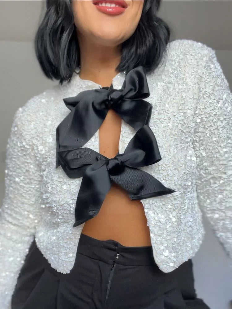 Chic Short Sequin Jacket With Bow