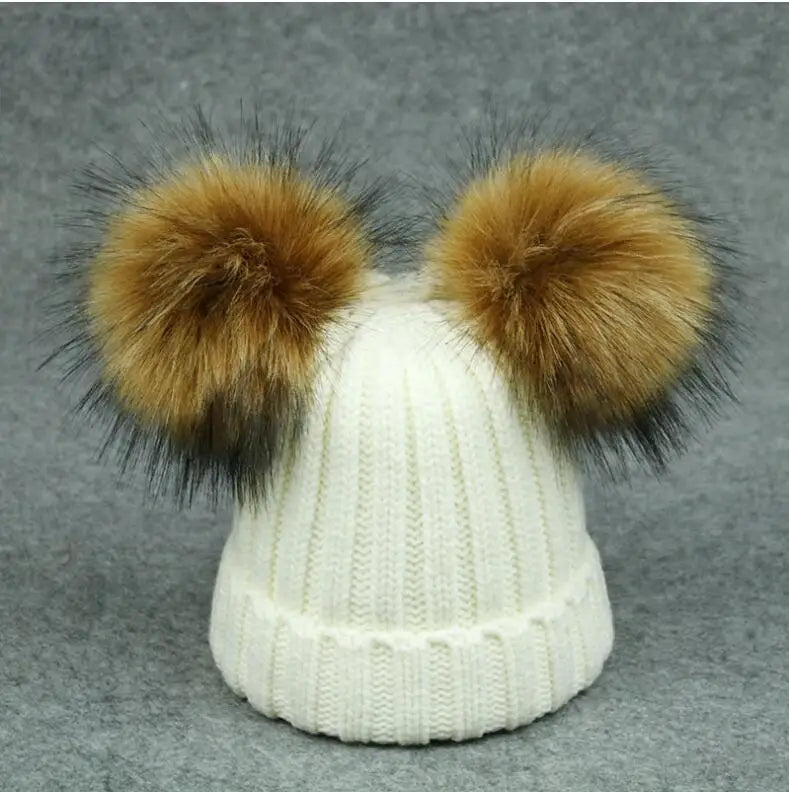 Adult Kids Pompom Hats Super-large Double-hair-ball Cap Winter Warm Ear Protect Hats Female-treasure Knitting Cap Adjust A49