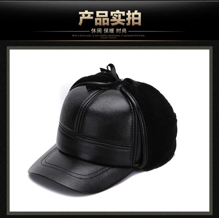 Adult Winter Leather Hat  Ear Protection Hat Men's Sheepskin Fur Cap Middle-aged  Leather Cap for Man New Year Gift B-7134