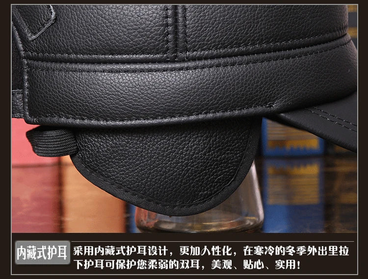 Men's Winter Warm Earmuffs Cap Man Genuine Leather Hat Adult Flat Winter Warm Cap Male Leisure Peaked Cap Adjustable  B-7281