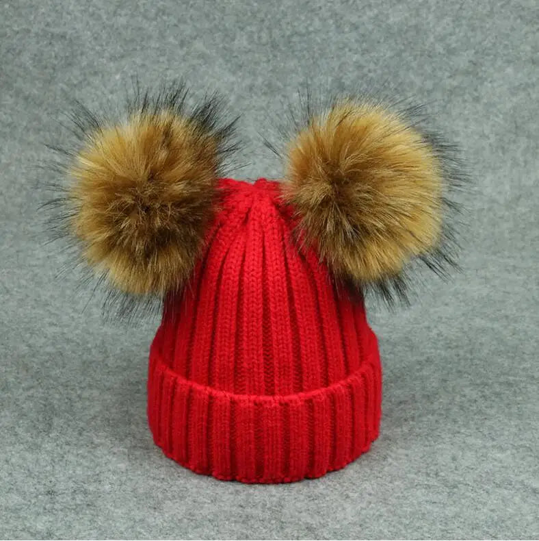 Adult Kids Pompom Hats Super-large Double-hair-ball Cap Winter Warm Ear Protect Hats Female-treasure Knitting Cap Adjust A49