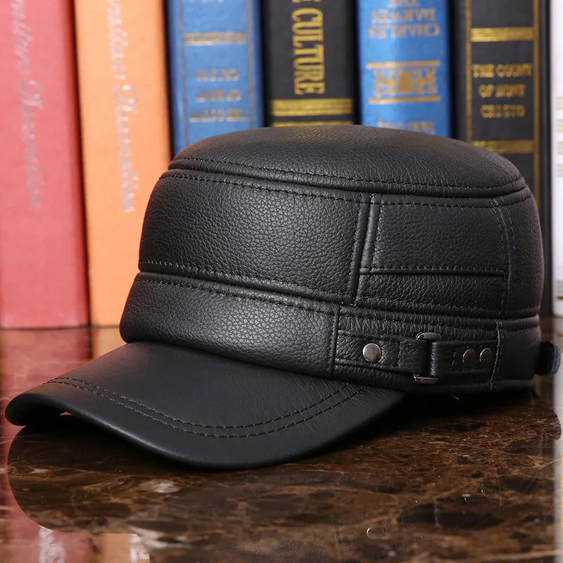 Men's Winter Warm Earmuffs Cap Man Genuine Leather Hat Adult Flat Winter Warm Cap Male Leisure Peaked Cap Adjustable  B-7281