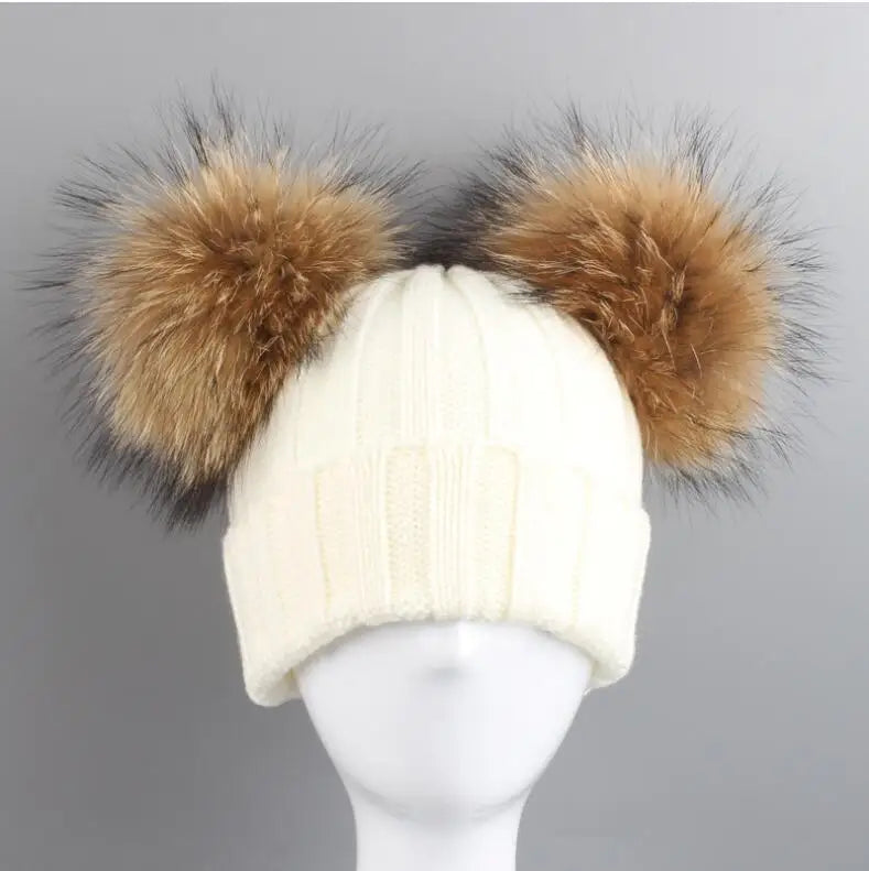 Adult Kids Pompom Hats Super-large Double-hair-ball Cap Winter Warm Ear Protect Hats Female-treasure Knitting Cap Adjust A49