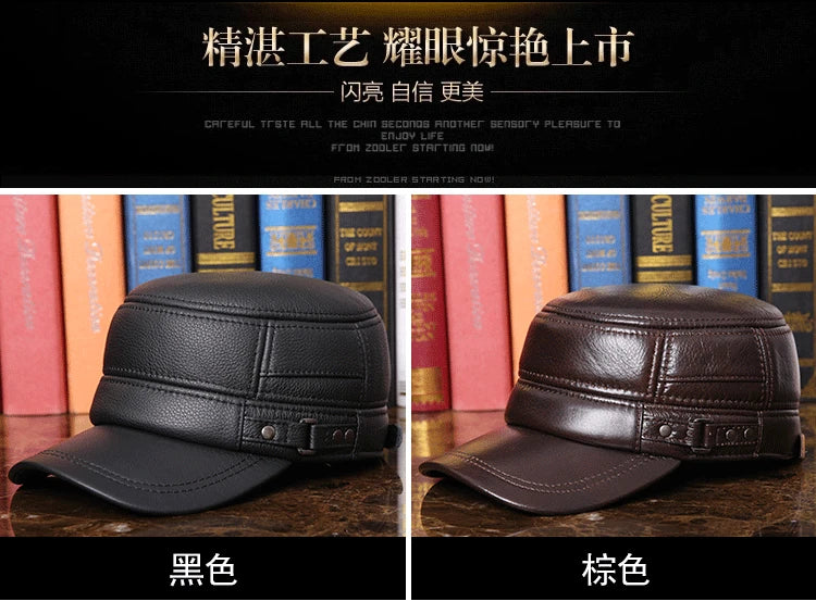 Men's Winter Warm Earmuffs Cap Man Genuine Leather Hat Adult Flat Winter Warm Cap Male Leisure Peaked Cap Adjustable  B-7281