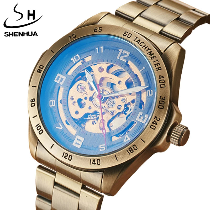 SHENHUA Luxury Brand Mens Automatic Skeleton Mechanical Watches For Males Retro Bronze Steampunk Full Steel Wristwatches Gifts