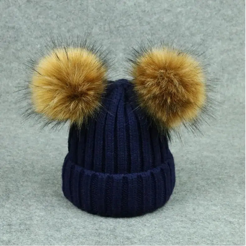 Adult Kids Pompom Hats Super-large Double-hair-ball Cap Winter Warm Ear Protect Hats Female-treasure Knitting Cap Adjust A49