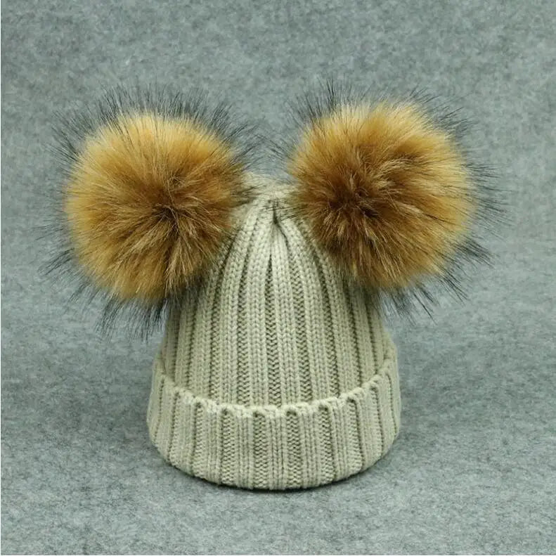 Adult Kids Pompom Hats Super-large Double-hair-ball Cap Winter Warm Ear Protect Hats Female-treasure Knitting Cap Adjust A49