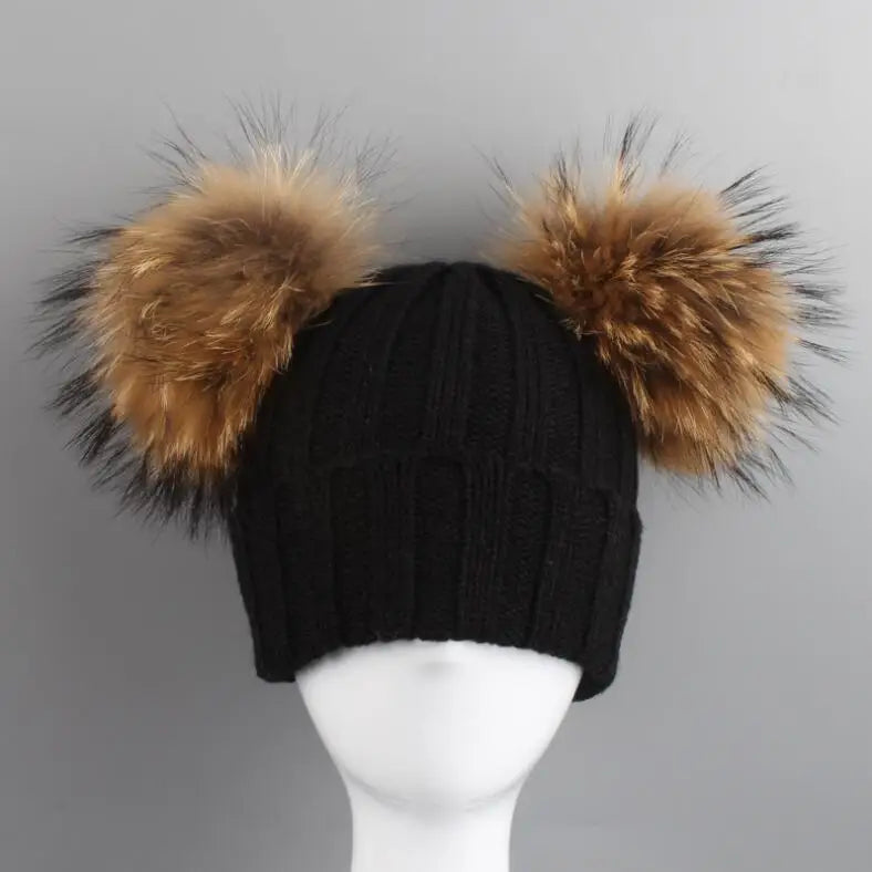 Adult Kids Pompom Hats Super-large Double-hair-ball Cap Winter Warm Ear Protect Hats Female-treasure Knitting Cap Adjust A49