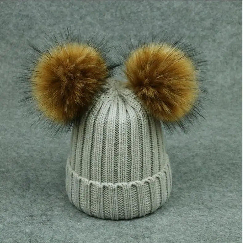 Adult Kids Pompom Hats Super-large Double-hair-ball Cap Winter Warm Ear Protect Hats Female-treasure Knitting Cap Adjust A49