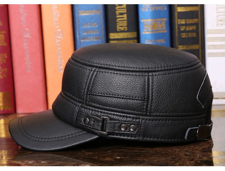 Men's Winter Warm Earmuffs Cap Man Genuine Leather Hat Adult Flat Winter Warm Cap Male Leisure Peaked Cap Adjustable  B-7281