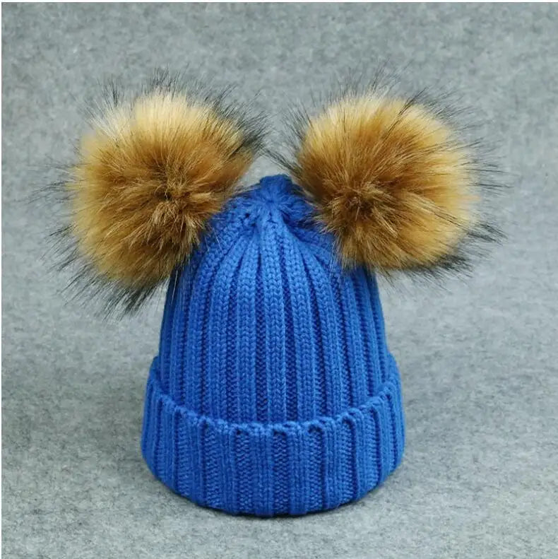 Adult Kids Pompom Hats Super-large Double-hair-ball Cap Winter Warm Ear Protect Hats Female-treasure Knitting Cap Adjust A49