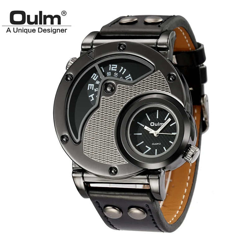 Oulm Designer Brand Luxury Watches For Men Dual Time Quartz Watch Casual Man Leather Watch Sport Male Clock relogio masculino