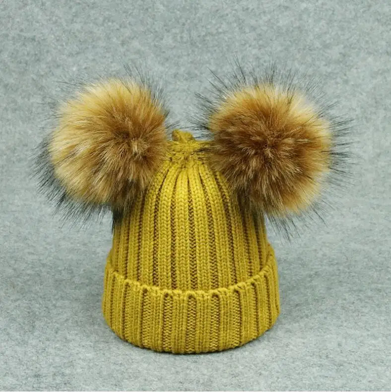 Adult Kids Pompom Hats Super-large Double-hair-ball Cap Winter Warm Ear Protect Hats Female-treasure Knitting Cap Adjust A49