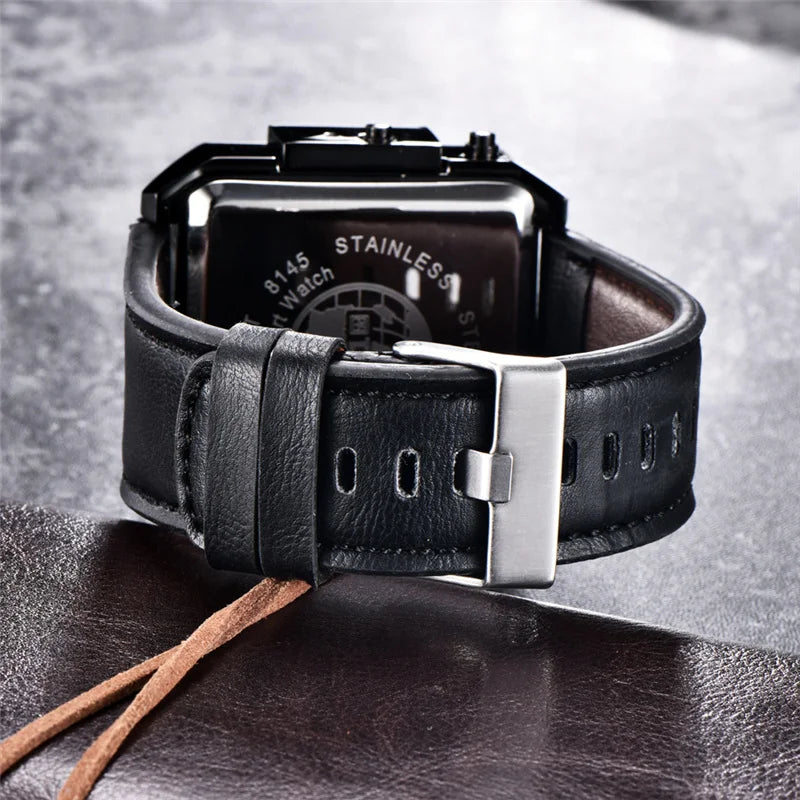 New Design LED Digit Dual Display Men Watches Big Size Square Dial Leather Sport Men's Wristwatches Luxury Brand Watch Male