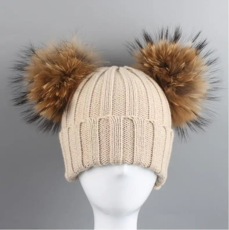 Adult Kids Pompom Hats Super-large Double-hair-ball Cap Winter Warm Ear Protect Hats Female-treasure Knitting Cap Adjust A49