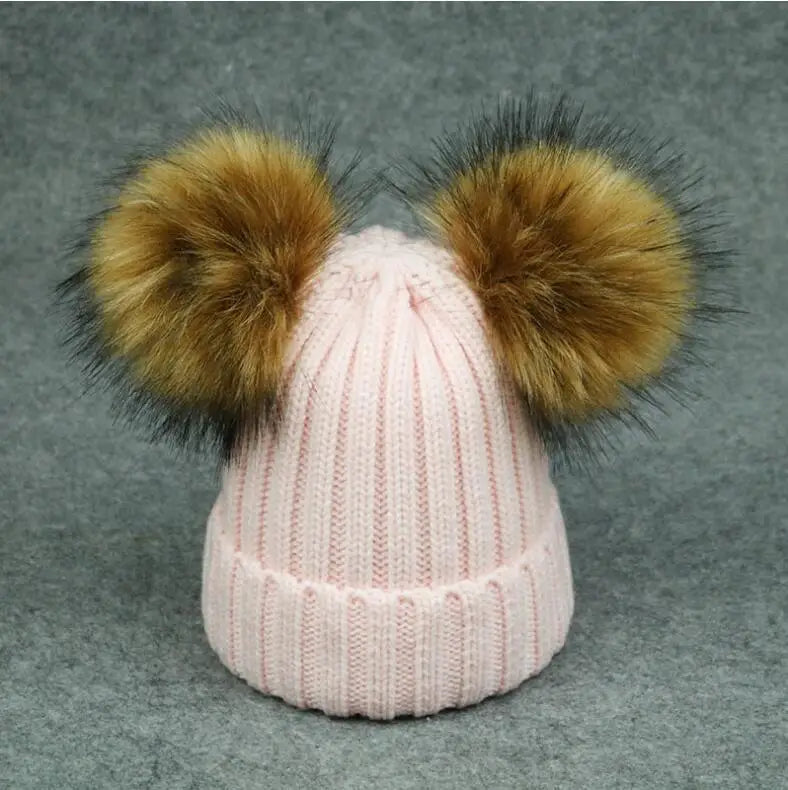 Adult Kids Pompom Hats Super-large Double-hair-ball Cap Winter Warm Ear Protect Hats Female-treasure Knitting Cap Adjust A49