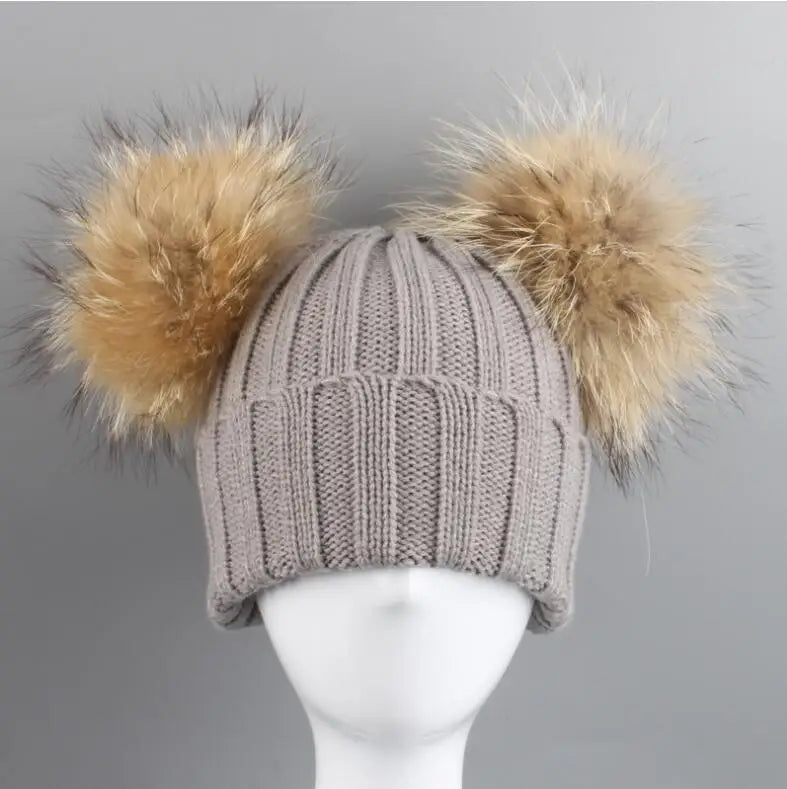 Adult Kids Pompom Hats Super-large Double-hair-ball Cap Winter Warm Ear Protect Hats Female-treasure Knitting Cap Adjust A49