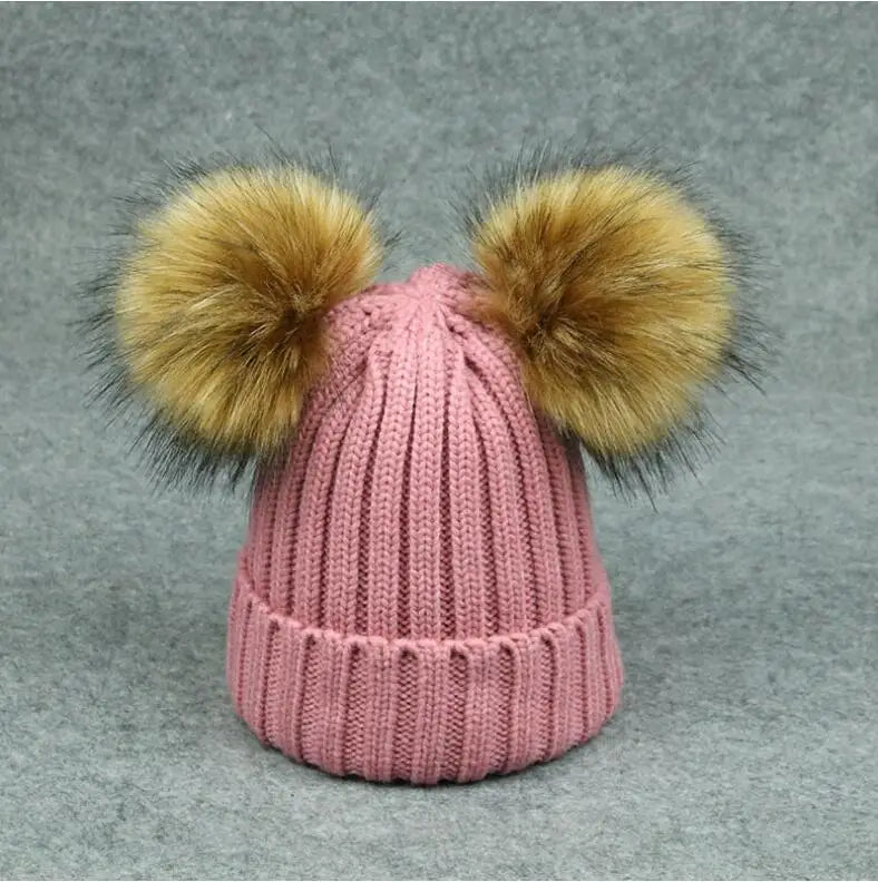 Adult Kids Pompom Hats Super-large Double-hair-ball Cap Winter Warm Ear Protect Hats Female-treasure Knitting Cap Adjust A49