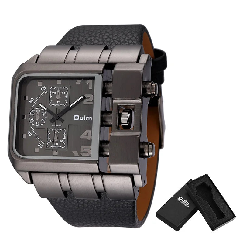 Oulm Brand 3364 Unique Design Square Men Wristwatch Wide Big Dial Casual Leather Strap Quartz Watch Male Sport Watches