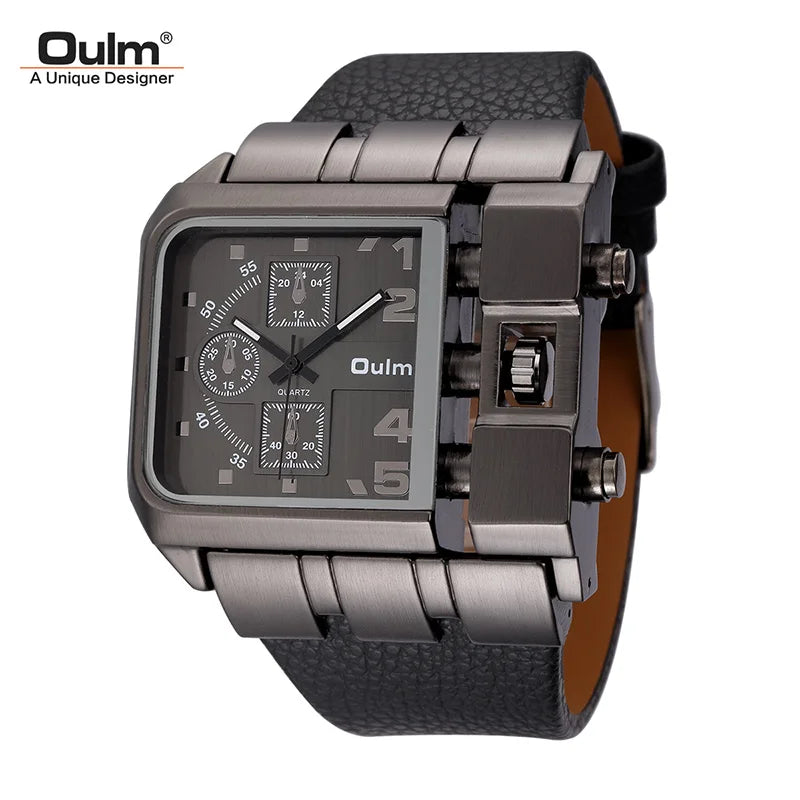 Oulm Brand 3364 Unique Design Square Men Wristwatch Wide Big Dial Casual Leather Strap Quartz Watch Male Sport Watches