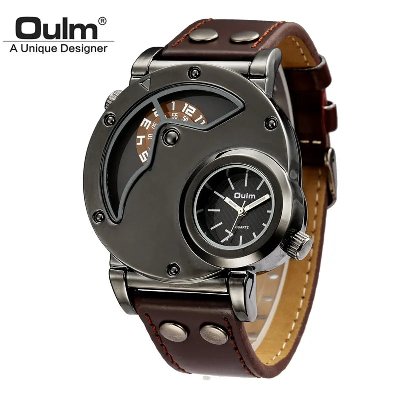 Oulm Designer Brand Luxury Watches For Men Dual Time Quartz Watch Casual Man Leather Watch Sport Male Clock relogio masculino