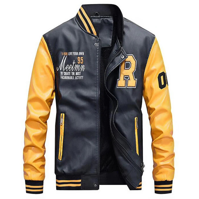 Jacke Männer Stickerei Baseball Jacken Pu Leder Mäntel Slim Fit College Luxus Fleece Pilot Lederjacken casaco masculino