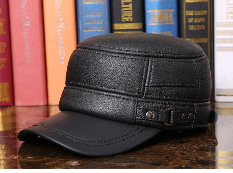 Men's Winter Warm Earmuffs Cap Man Genuine Leather Hat Adult Flat Winter Warm Cap Male Leisure Peaked Cap Adjustable  B-7281