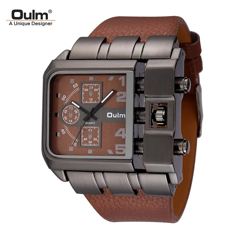 Oulm Brand 3364 Unique Design Square Men Wristwatch Wide Big Dial Casual Leather Strap Quartz Watch Male Sport Watches