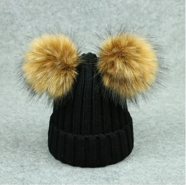 Adult Kids Pompom Hats Super-large Double-hair-ball Cap Winter Warm Ear Protect Hats Female-treasure Knitting Cap Adjust A49