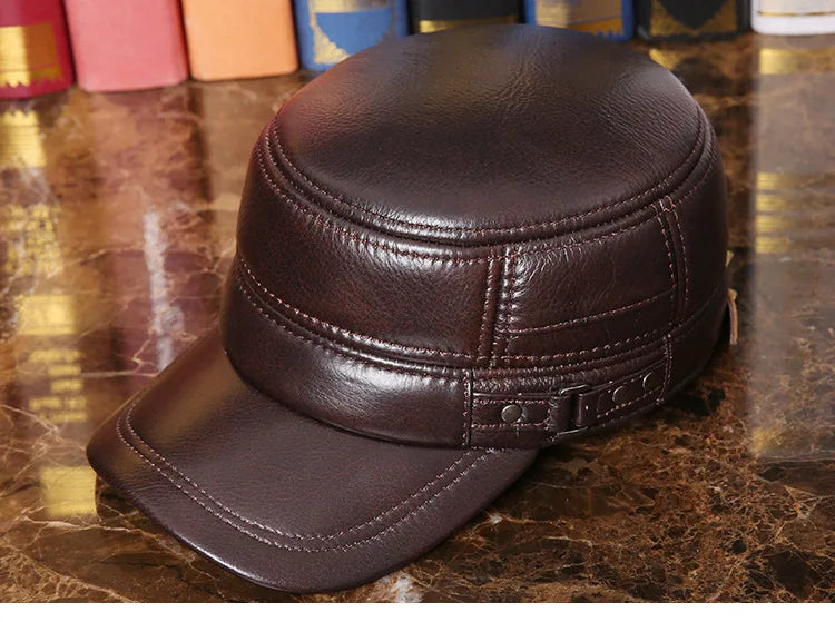 Men's Winter Warm Earmuffs Cap Man Genuine Leather Hat Adult Flat Winter Warm Cap Male Leisure Peaked Cap Adjustable  B-7281